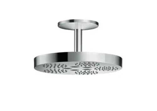 Deckenmontierte Kopfbrause in Chrom-Finish mit kreisförmiger, flacher Kopfplatte und unterschiedlichen Strahlmustern, produziert von AXOR.